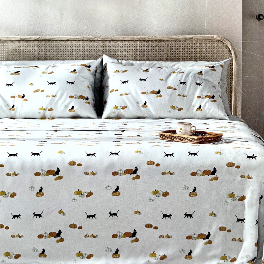 Sophie Allport Pumpkin Cat Queen Sheet Set 100% Cotton Percale 200TC White 4pc